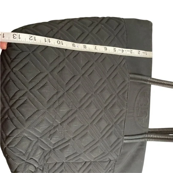 Tory Burch black nylon leather quilted zipper tote bag
